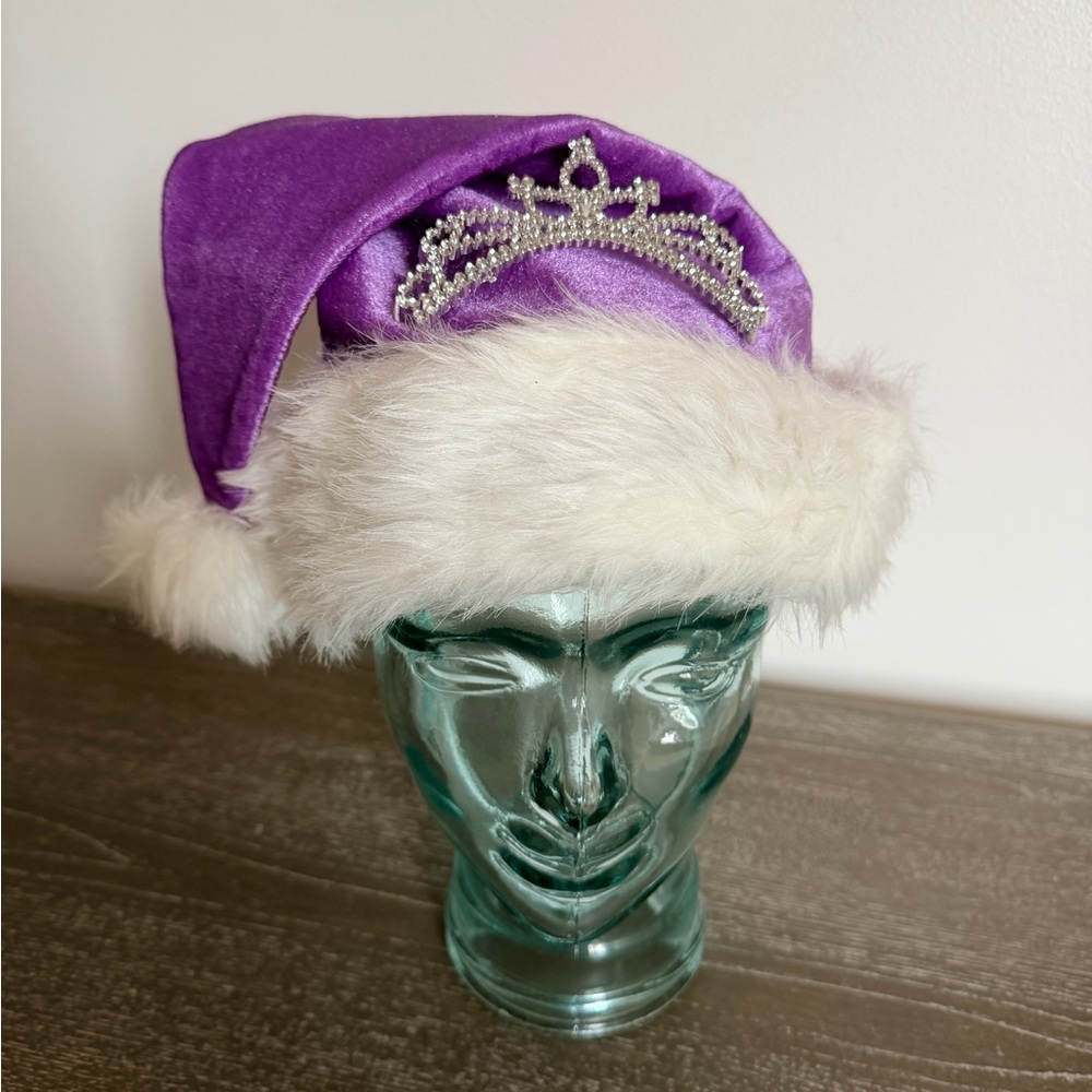 Purple Velvet Santa Hat with Faux Fur Trim and Rhinestone Tiara